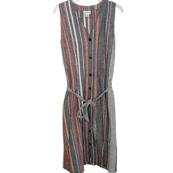 Liz Claiborne Dress Sleeveless Linen Cotton Jumper Large Striped Pockets Belted - Picture 1 of 11